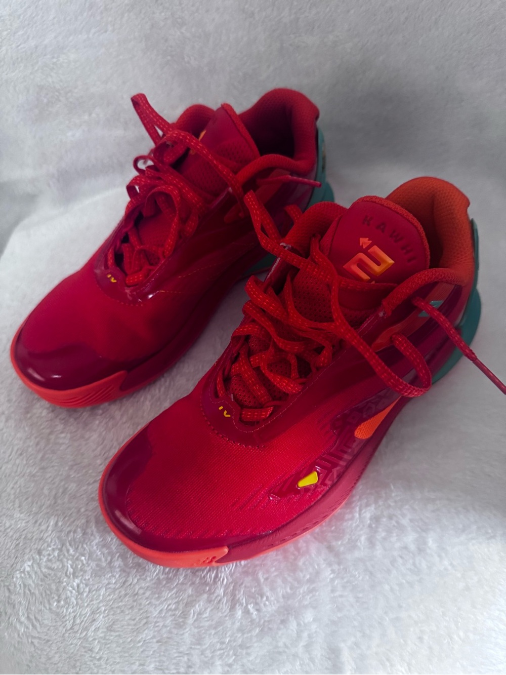 New Balance Bright Red Top Lace Up basketball Sneakers Orange and Teal Accents